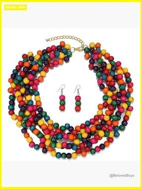 Handmade Wooden Bib Necklace & Earring Set, Boho Layered Statement Jewelry